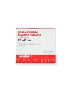 ACOFAR GASA ESTERIL ALGODON HIDROFILO COMPRESAS 20 UNIDADES 40 CM X 20 CM