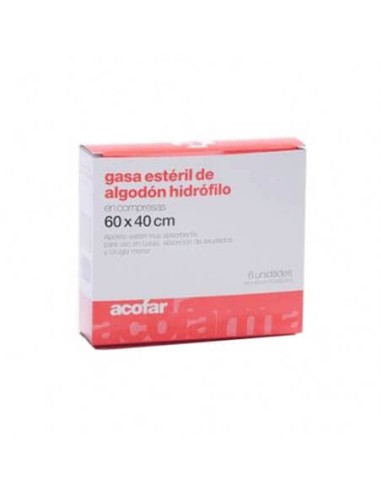 ACOFAR GASA ESTERIL ALGODON HIDROFILO COMPRESAS 6 UNIDADES 60 CM X 40 CM